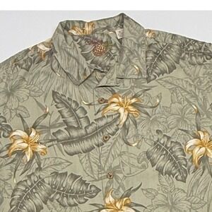 Caribbean Joe Shirt Mens XL Green Yellow Silk Blend Tropical Floral Short Sleeve